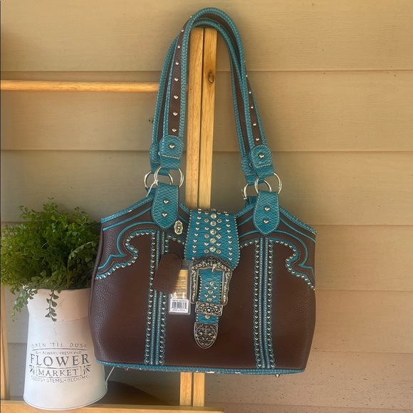 Handbags - Brown and Teal Studded Women's Bag p&G